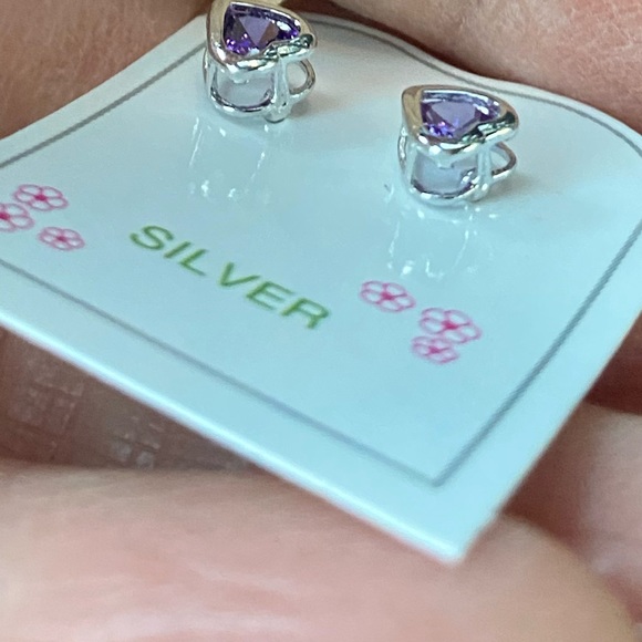 Silver Birth Month 4mm Purple Heart Earrings - Picture 4 of 9
